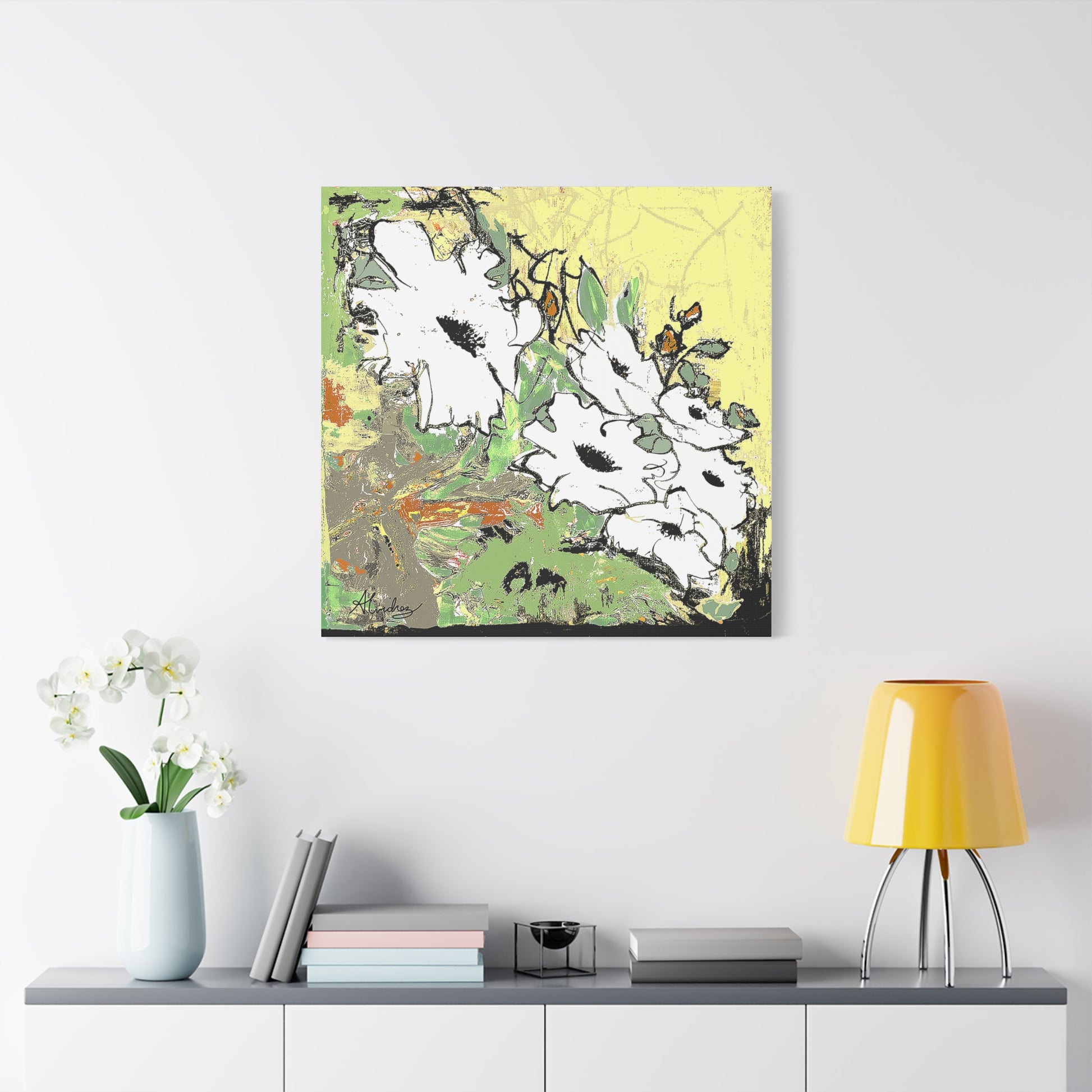 abstract white poppy flower canvas prints on white wall