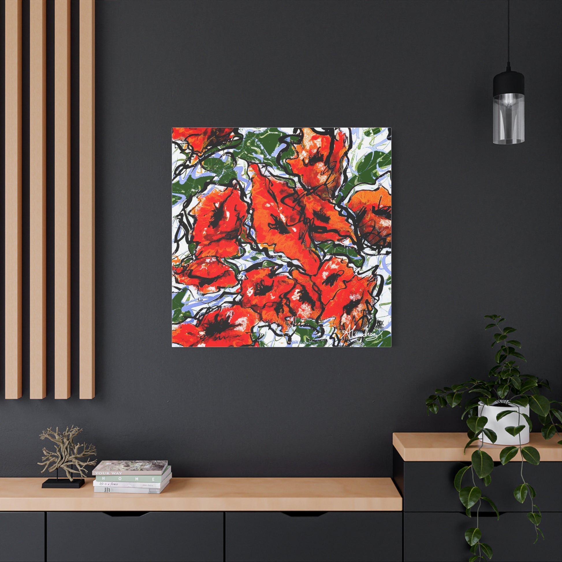canvas print of vibrant Spanish poppy flowers on black wall