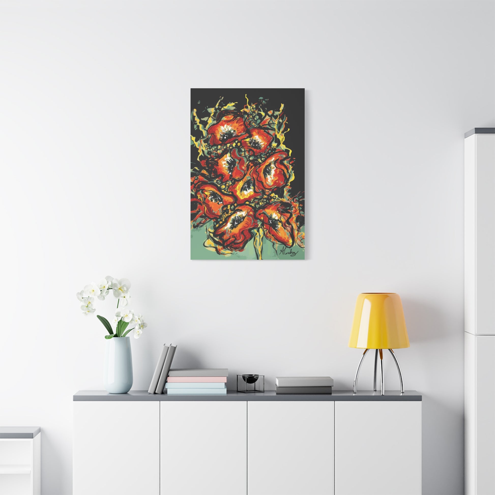 fun red orange poppy floral canvas print on white wall