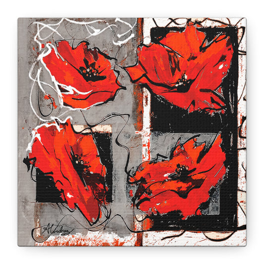 painting of four vibrant red poppies