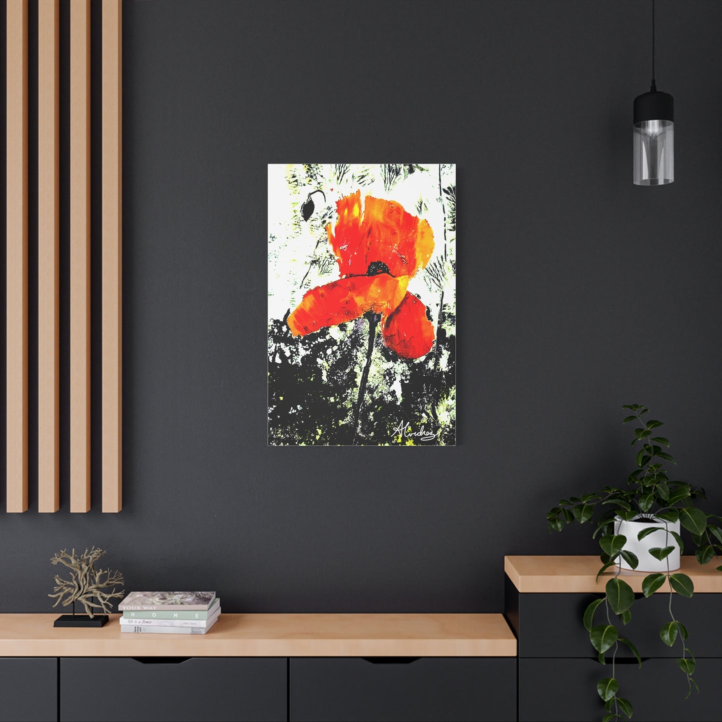 abstract corn field poppy canvas print on black wall