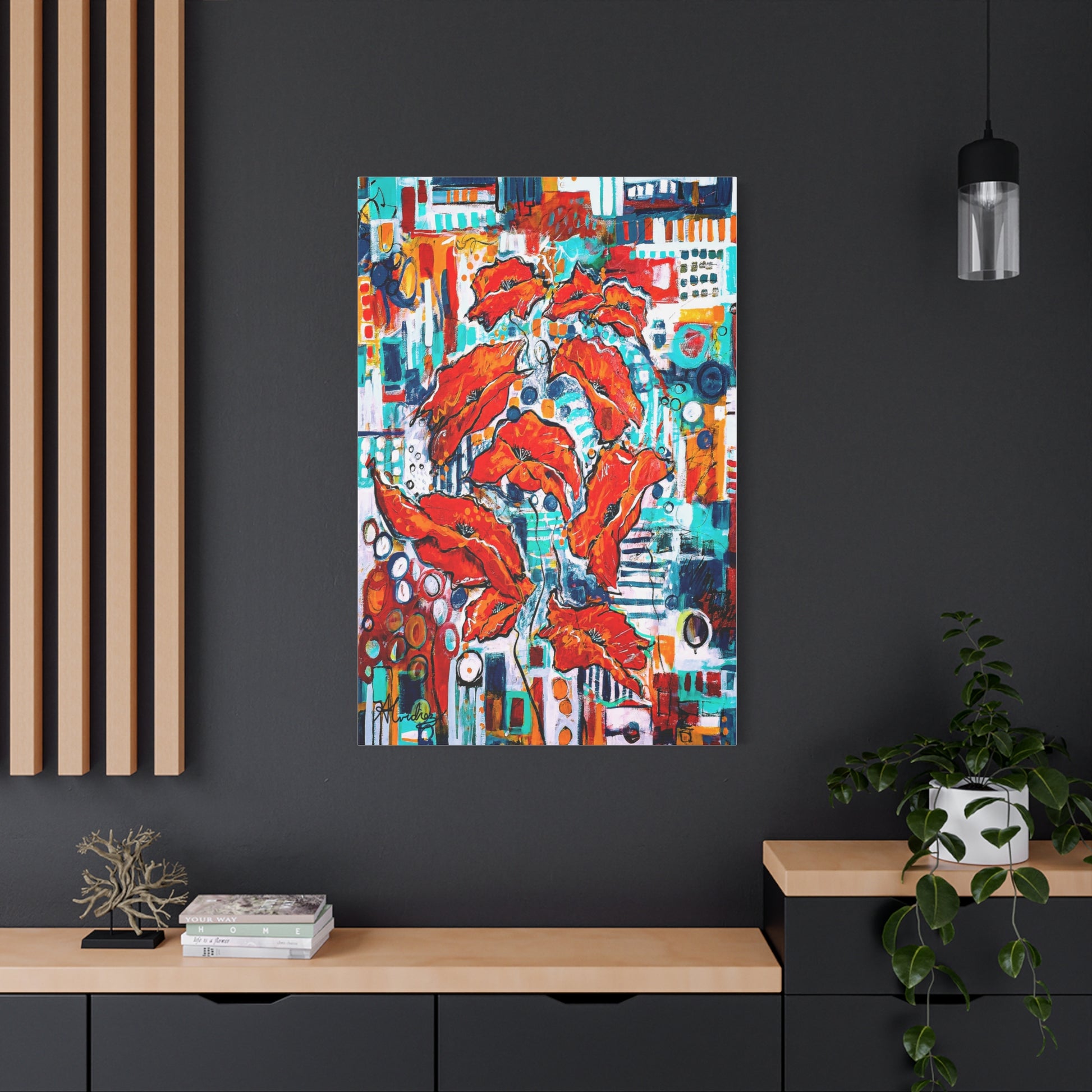 urban poppy flower canvas print in office room