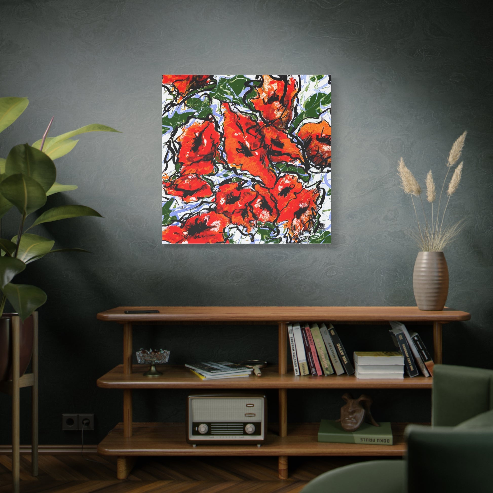 floral canvas print hanging in modern room