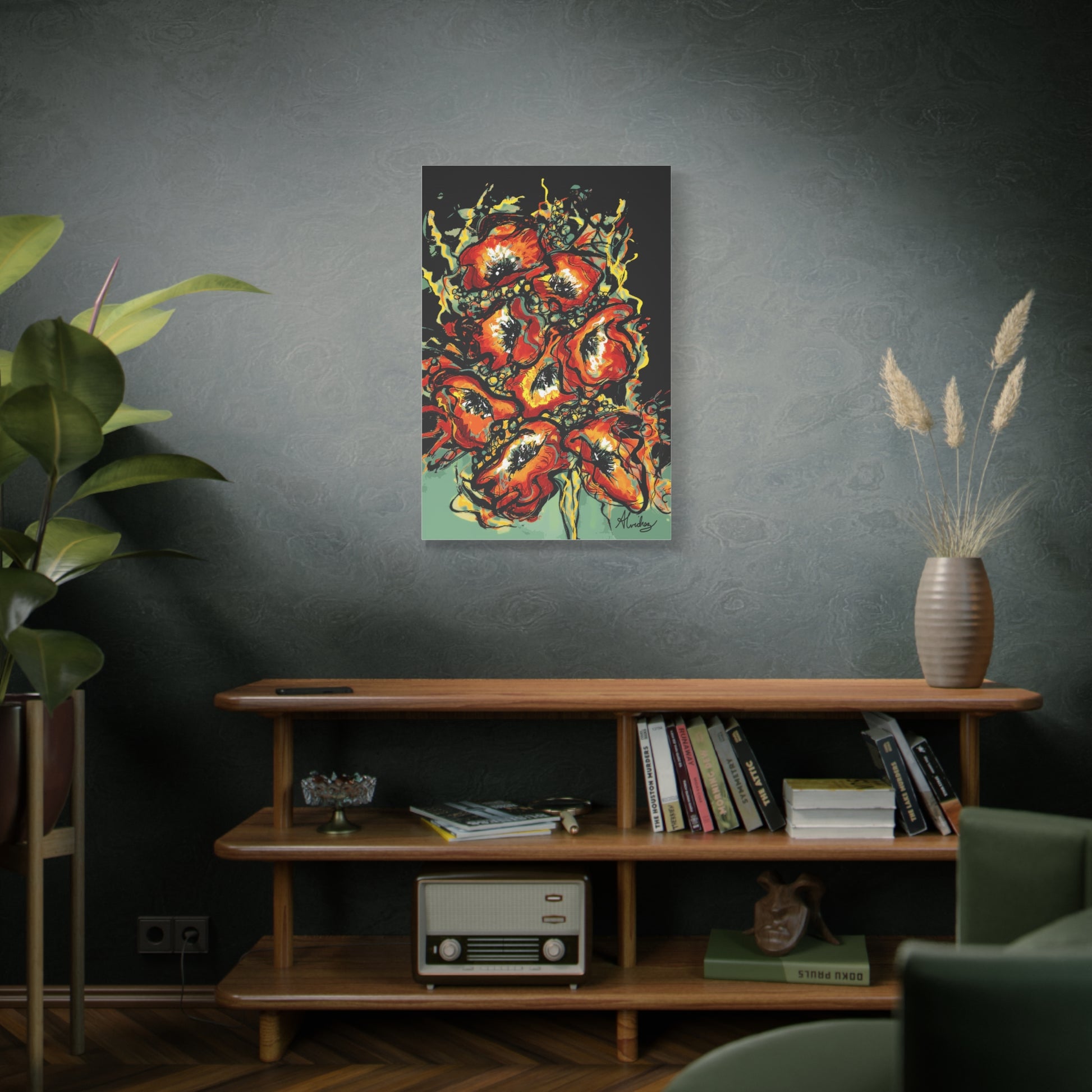 fun red orange poppy floral canvas print in modern room 