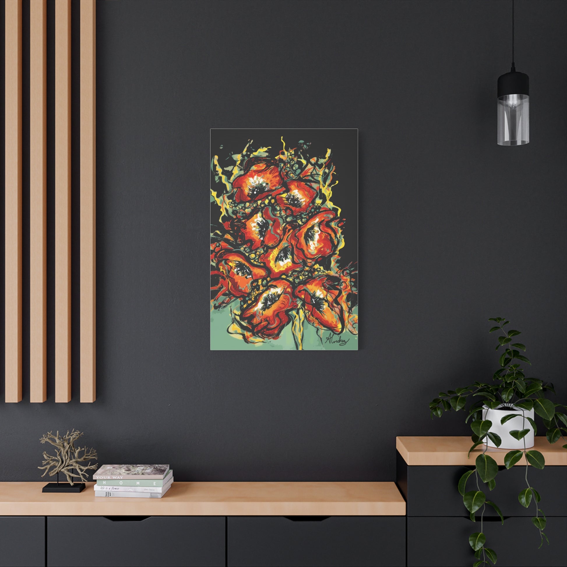 fun red orange poppy floral canvas print on black wall
