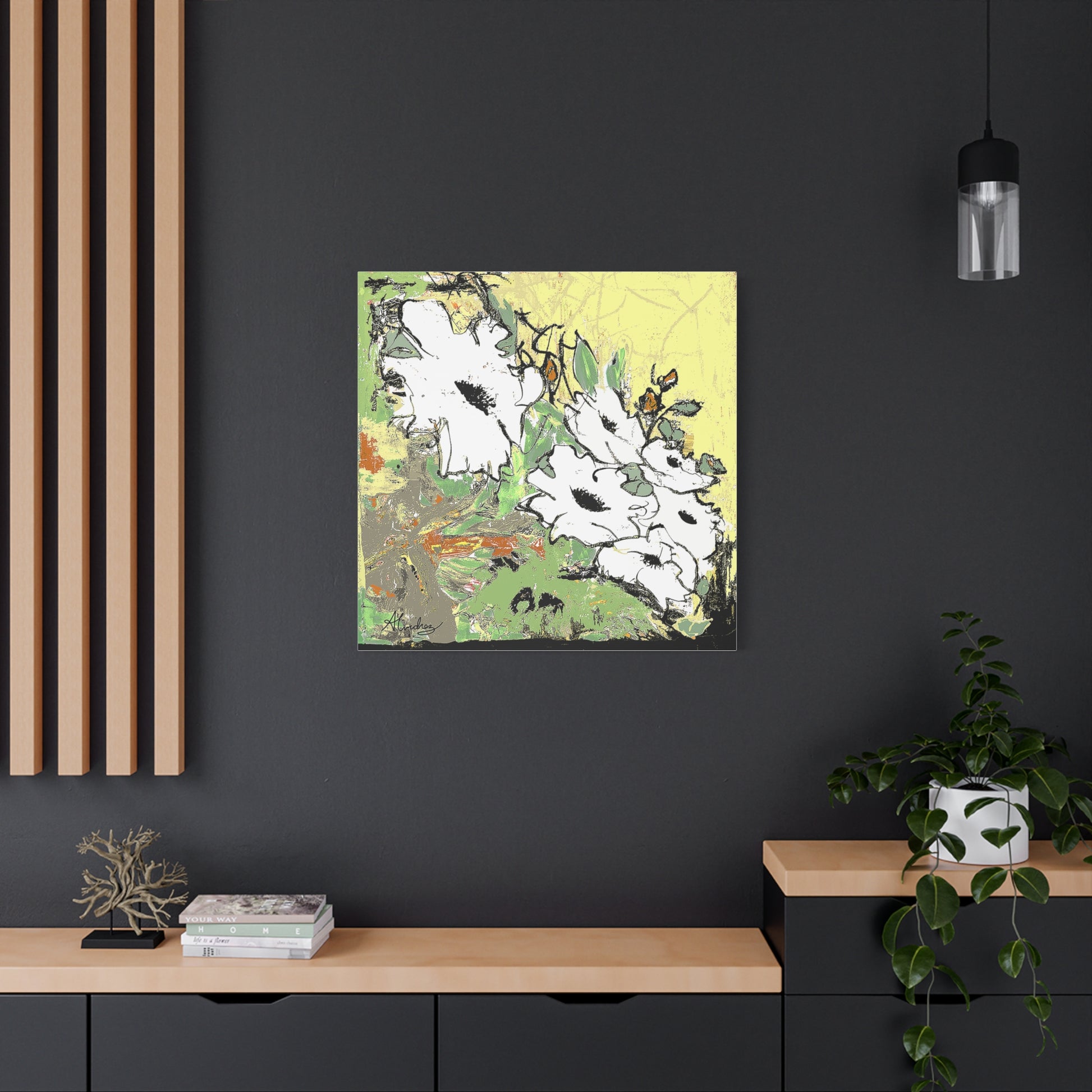 abstract white poppy flower canvas prints on black wall