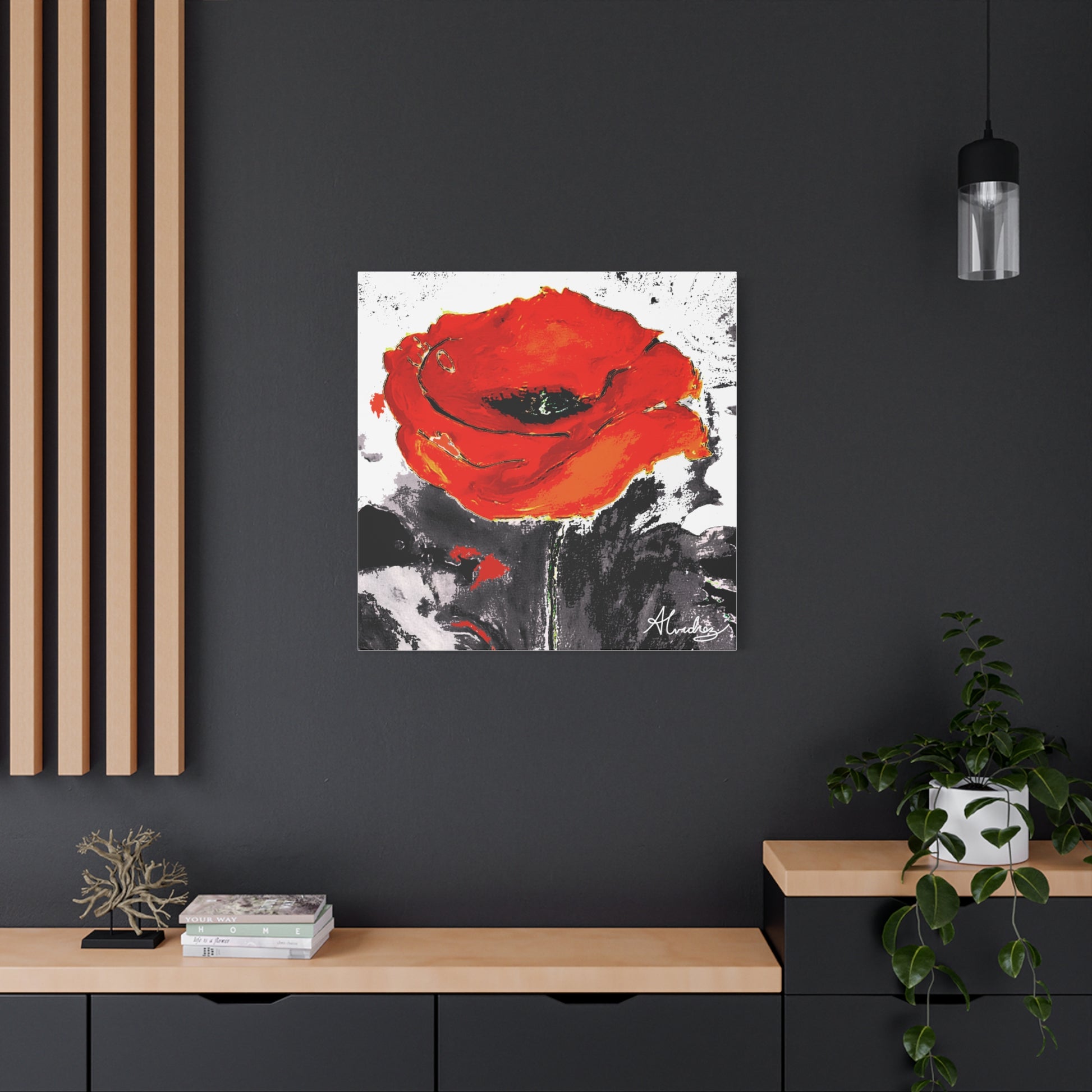 bright red poppy painting hanging on black wall