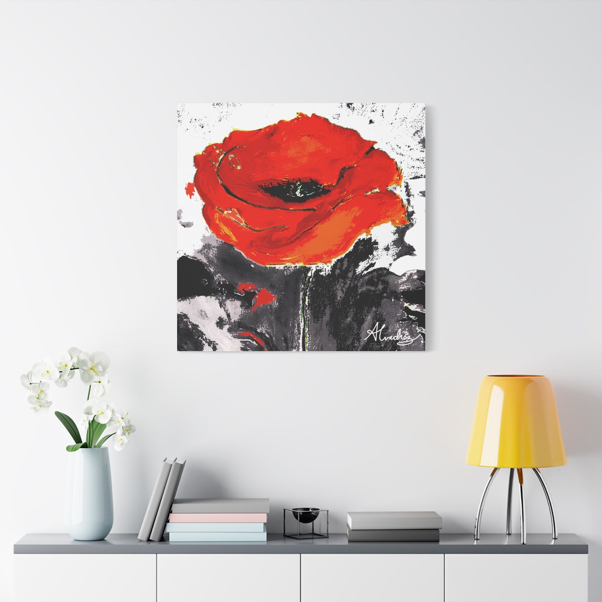 bright red poppy painting hanging in modern room