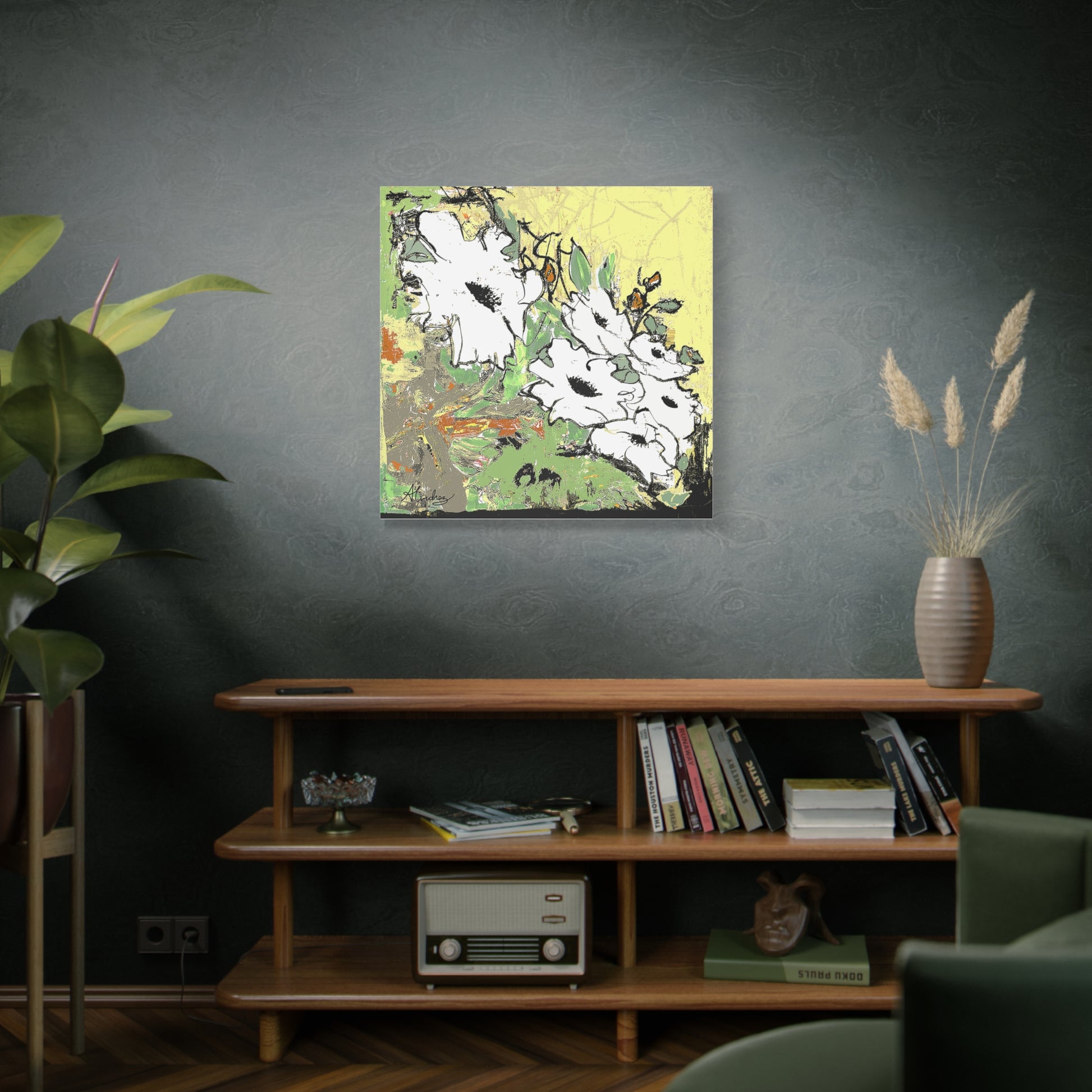 abstract white poppy flower canvas prints in modern room